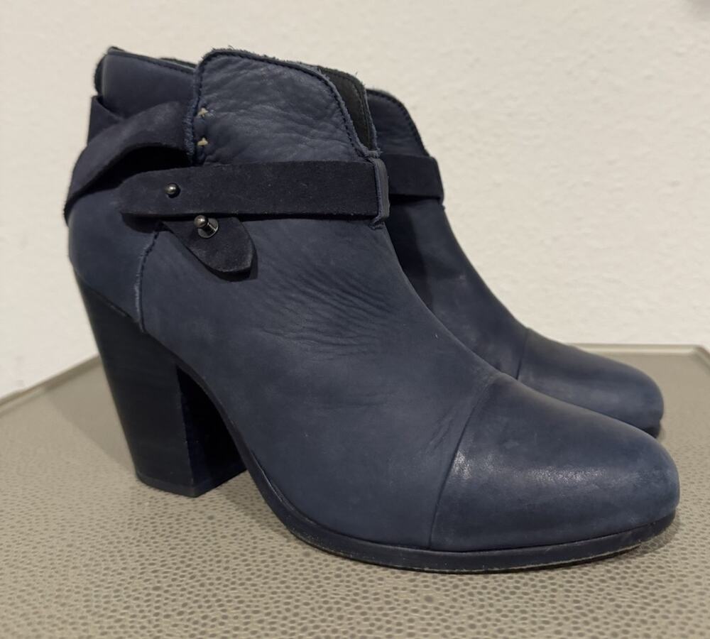 Rag & Bone Harrow Booties Navy Leather Size 40 Marine Boot Heels Blue Black